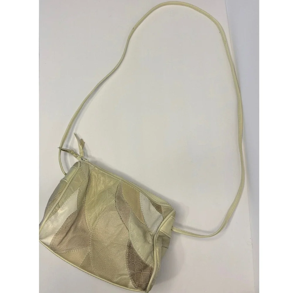 Vintage Patchwork Leather Shoulder Bag Purse‎ Neutral Tones Handbag Beige Boho